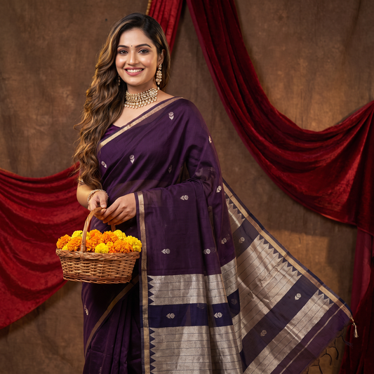 Women's Traditional Chanderi Cotton Linen Blend Saree with Zari Woven Border & Unstitched Blouse Piece.