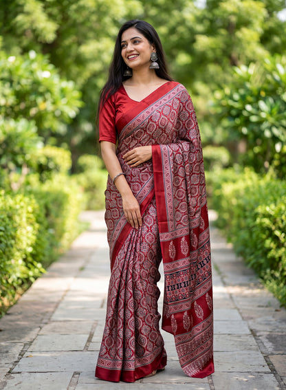 Women's Traditional Floral Block Printed Art Silk Saree with Unstitched Blouse Piece.