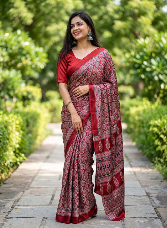 Women's Traditional Floral Block Printed Art Silk Saree with Unstitched Blouse Piece.