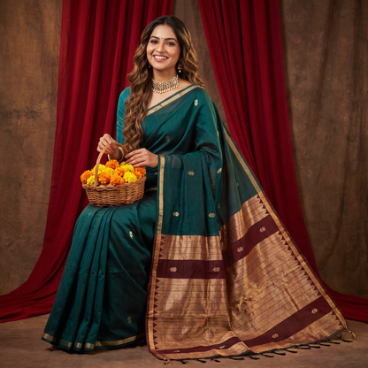 Women's Traditional Chanderi Cotton Linen Blend Saree with Zari Woven Border & Unstitched Blouse Piece.