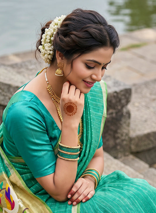 Women's Traditional Zari Cotton Silk Saree with Unstitched Blouse Piece.