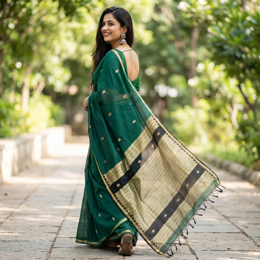 Women's Traditional Chanderi Cotton Linen Blend Saree with Zari Woven Border & Unstitched Blouse Piece.