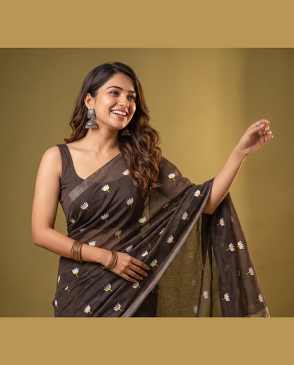 Women's Pure Linen Cotton Floral Embroidered Saree with Unstitched Blouse Piece.