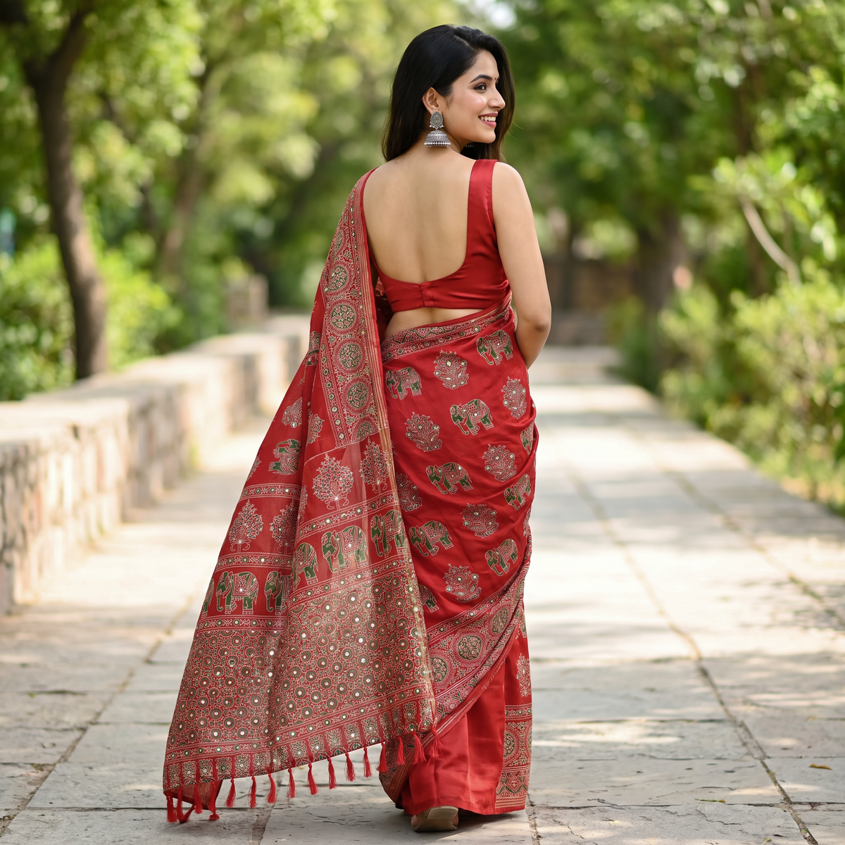 Shri Hari Sarees Women's Ethnic Ajrakh Mirror Printed Art Silk Saree with Unstitched Blouse Piece.