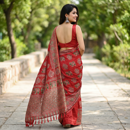 Shri Hari Sarees Women's Ethnic Ajrakh Mirror Printed Art Silk Saree with Unstitched Blouse Piece.