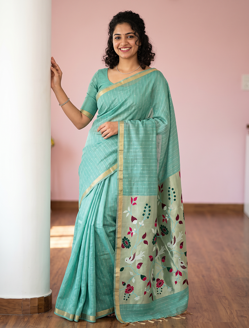 Women's Woven Paithani Art Silk Saree with Unstitched Blouse Piece.