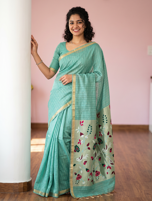 Women's Woven Paithani Art Silk Saree with Unstitched Blouse Piece.