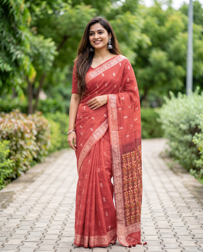 Women's Woven Design Linen Cotton Blend Saree with Unstitched Blouse Piece.