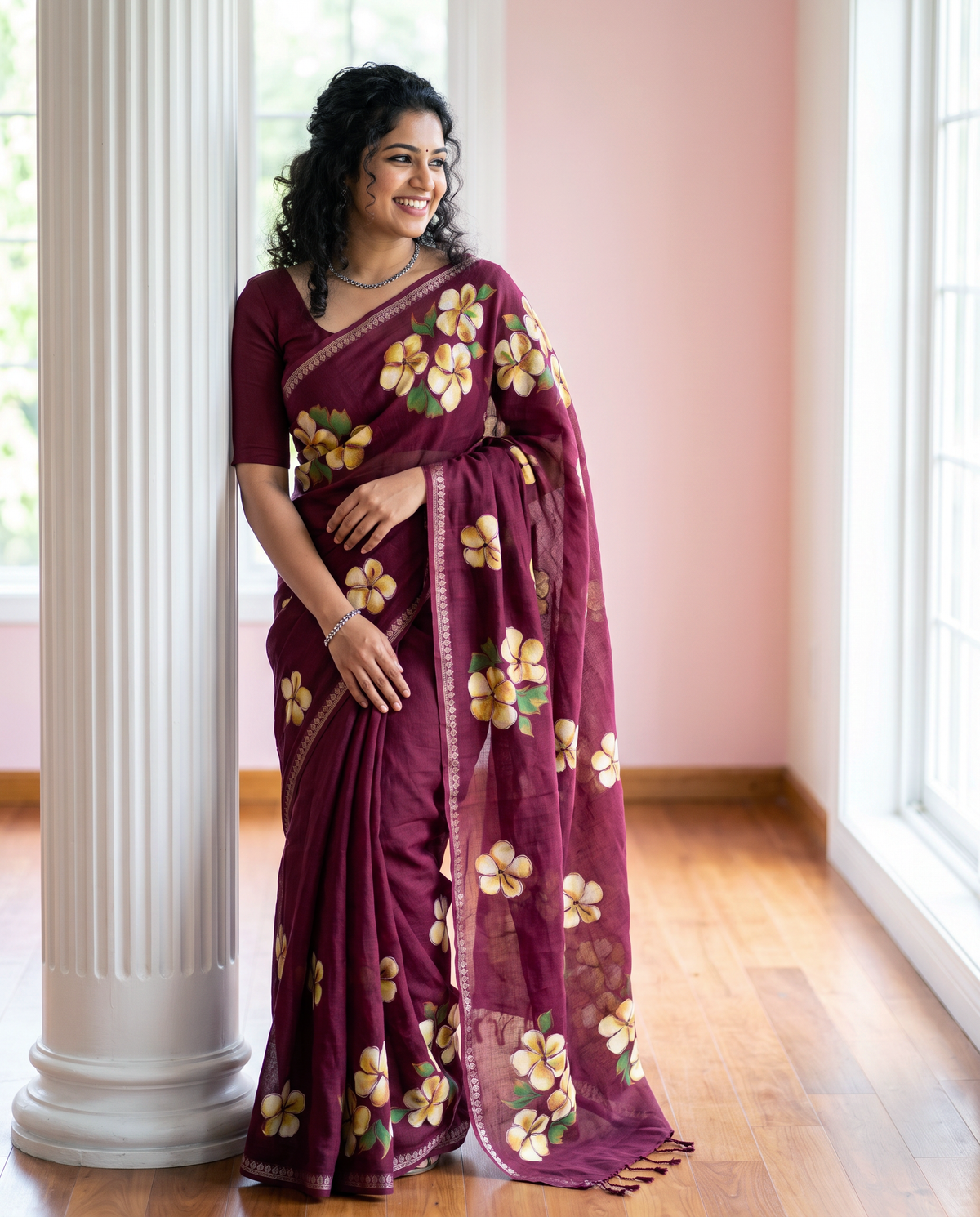 Women's Floral Hand Printed Dull Moss Saree with Unstitched Blouse Piece.