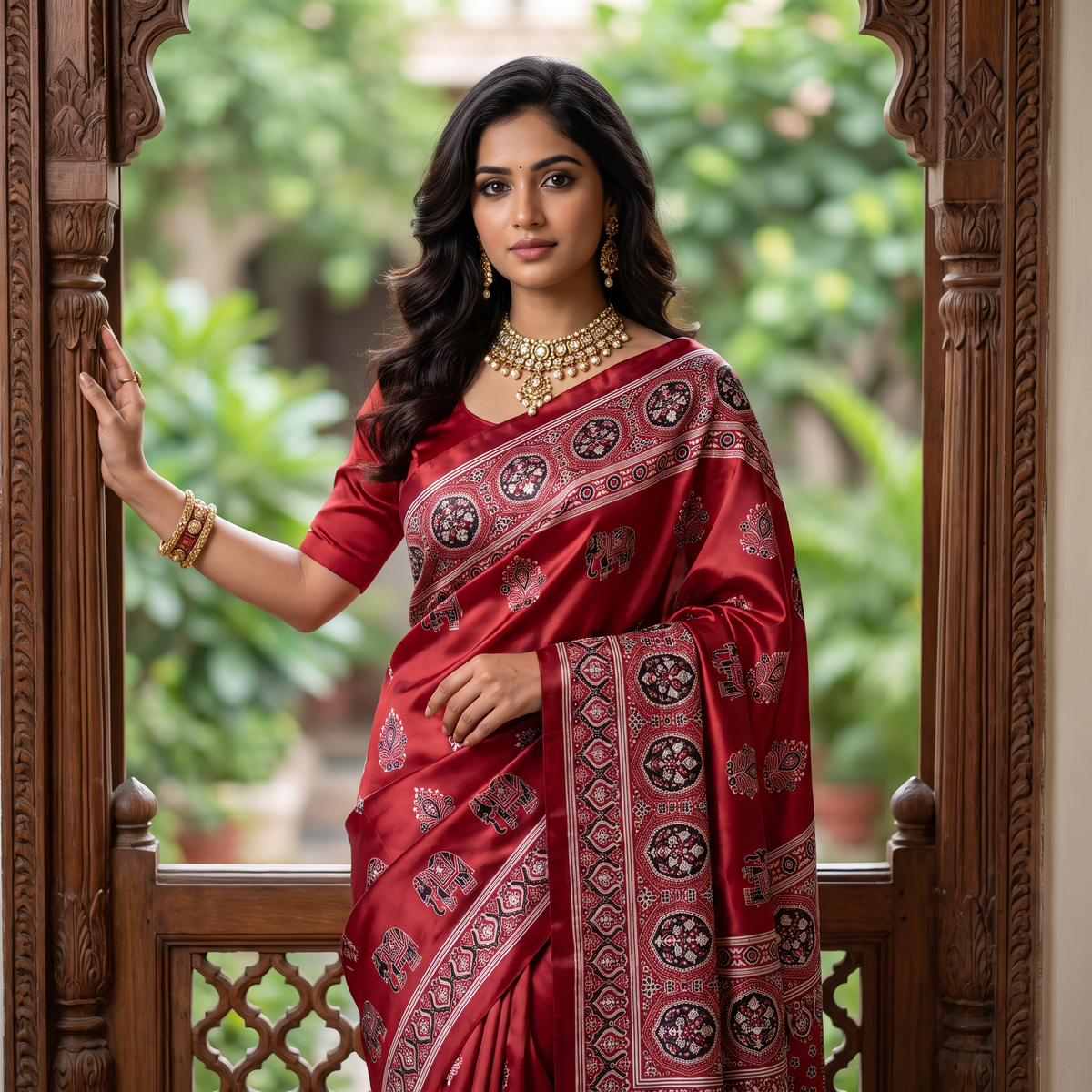Shri Hari Sarees Women's Ethnic Ajrakh Mirror Printed Art Silk Saree with Unstitched Blouse Piece.