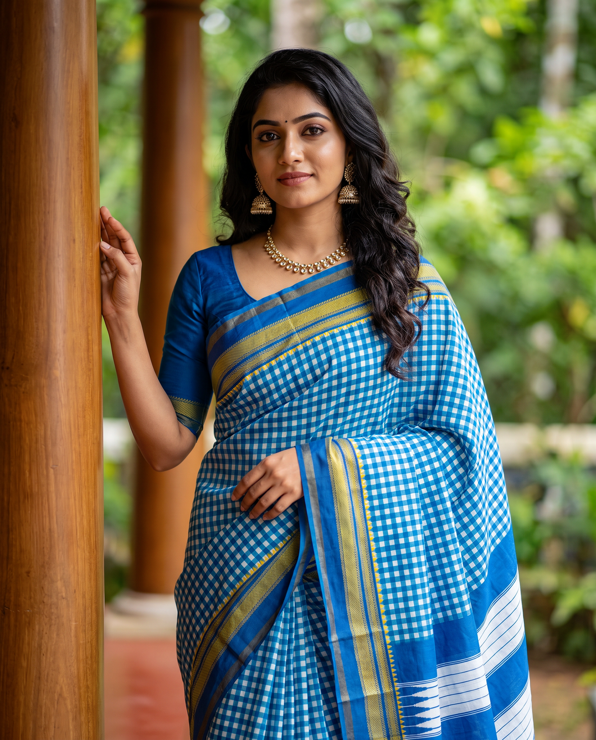 Women's Synthetic Silk Blend Checked Saree with Contrast Border & Unstitched Blouse Piece.