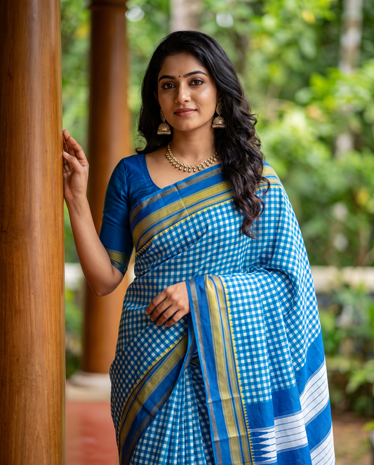 Women's Synthetic Silk Blend Checked Saree with Contrast Border & Unstitched Blouse Piece.