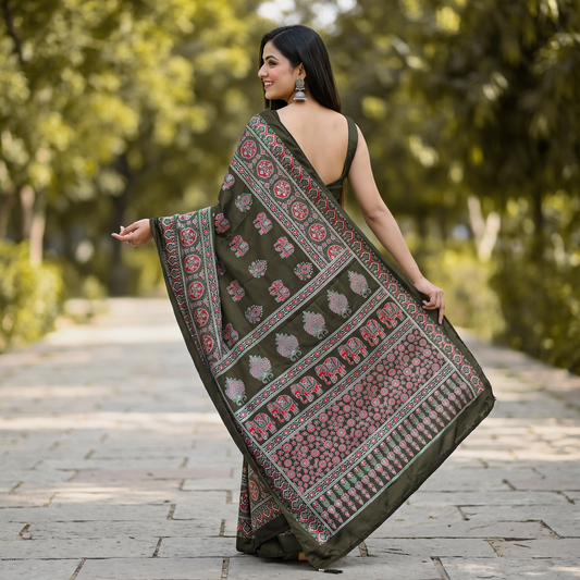 Shri Hari Sarees Women's Ethnic Ajrakh Mirror Printed Art Silk Saree with Unstitched Blouse Piece.