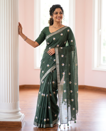 Women's Pure Linen Cotton Floral Embroidered Saree with Unstitched Blouse Piece.