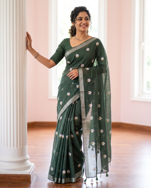 Women's Pure Linen Cotton Floral Embroidered Saree with Unstitched Blouse Piece.