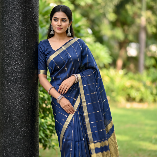 Women's Zari Maheshswari Cotton Blend Zari Woven Saree with Unstitched Blouse Piece.