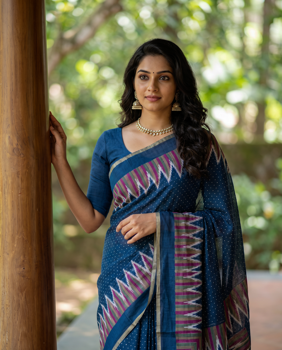 Women's Cotton Blend Ikat Print Saree with Unstitched Blouse Piece.