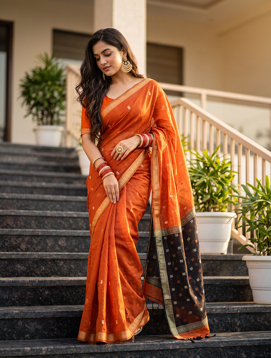 Women's Maheshwari Cotton Blend Woven Zari Saree with Unstitched Blouse Piece.