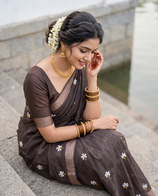 Women's Pure Linen Cotton Floral Embroidered Saree with Unstitched Blouse Piece.