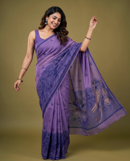 Women's Pure Linen Cotton Floral Embroidered Saree with Unstitched Blouse Piece.