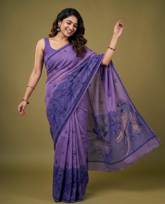 Women's Pure Linen Cotton Floral Embroidered Saree with Unstitched Blouse Piece.
