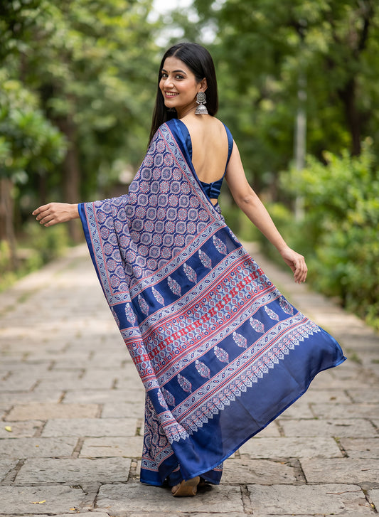 Women's Traditional Floral Block Printed Art Silk Saree with Unstitched Blouse Piece.