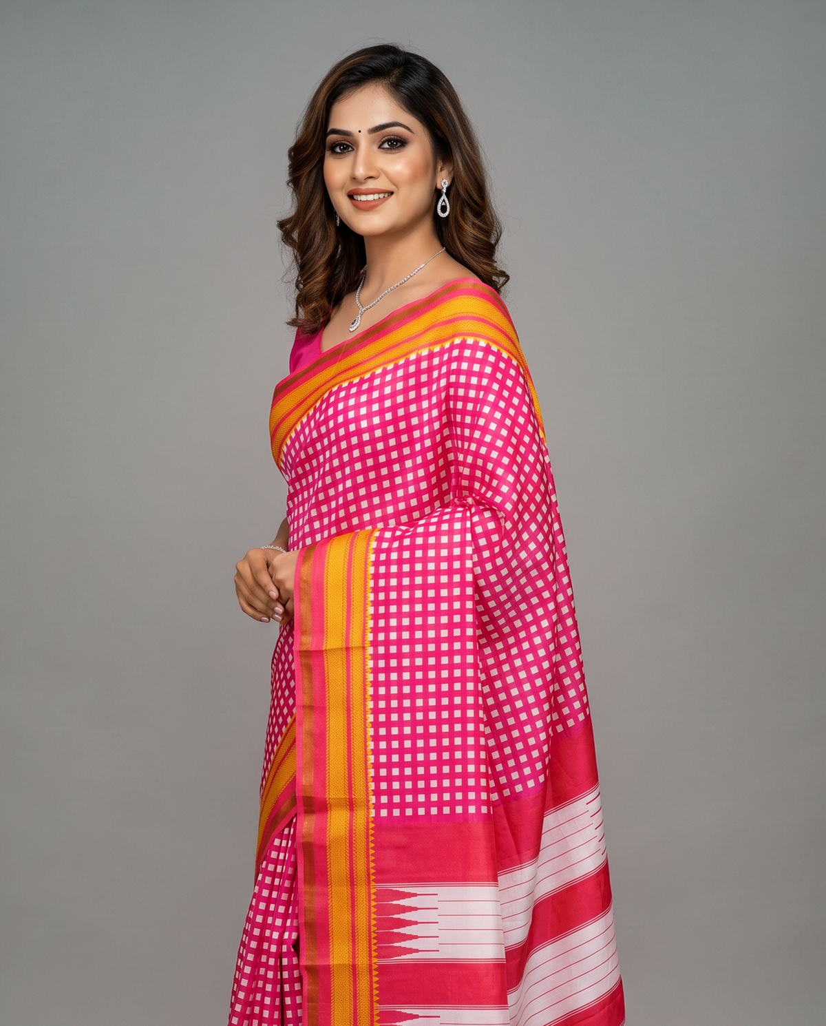 Women's Synthetic Silk Blend Checked Saree with Contrast Border & Unstitched Blouse Piece.
