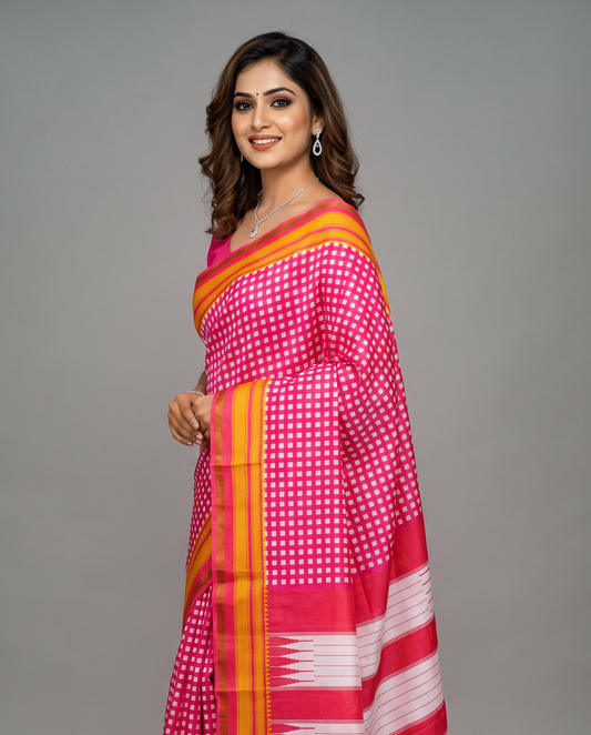 Women's Synthetic Silk Blend Checked Saree with Contrast Border & Unstitched Blouse Piece.