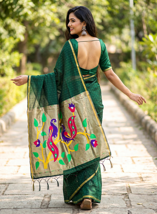 Women's Paithani Style Woven Linen Cotton Saree with Unstitched Blouse Piece.