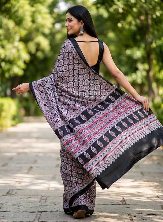 Women's Traditional Floral Block Printed Art Silk Saree with Unstitched Blouse Piece.