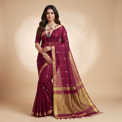 Women's Zari Maheshswari Cotton Blend Zari Woven Saree with Unstitched Blouse Piece.
