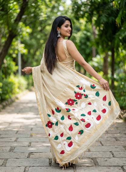 Women's Traditional Floral Paithani Cotton Silk Saree with Unstitched Blouse Piece.