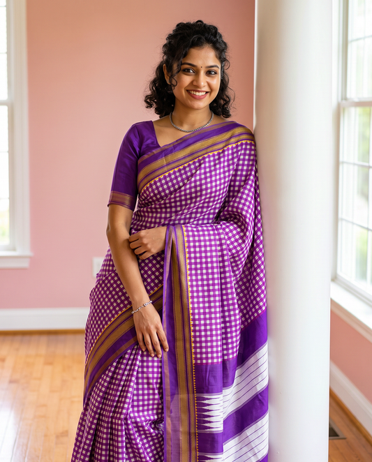 Women's Synthetic Silk Blend Checked Saree with Contrast Border & Unstitched Blouse Piece.