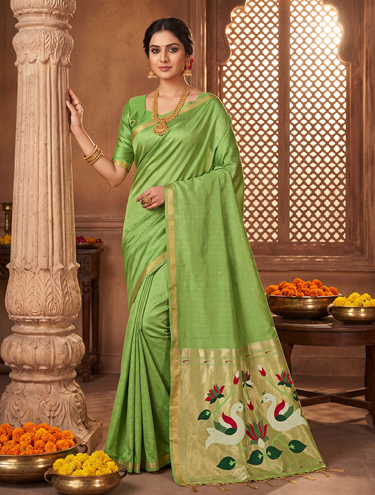 Women's Paithani Silk Saree with Unstitched Blouse Piece.