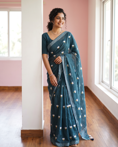 Women's Pure Linen Cotton Floral Embroidered Saree with Unstitched Blouse Piece.