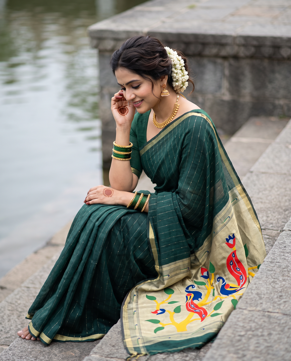 Women's Paithani Silk Blend Saree with Zari Woven Striped Lines and Peacock Floral Pallu including Unstitched Blouse Piece.