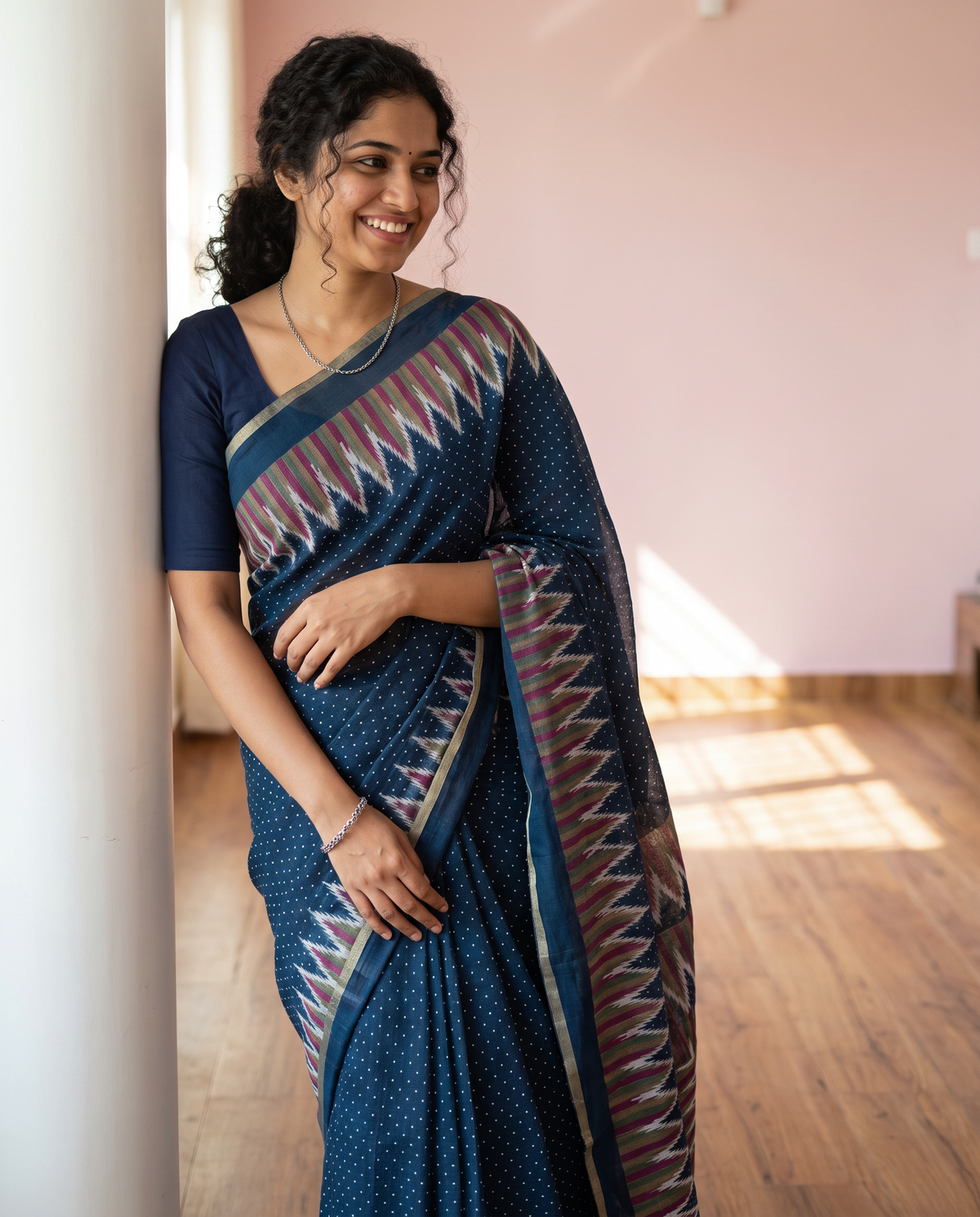 Women's Cotton Blend Ikat Print Saree with Unstitched Blouse Piece.