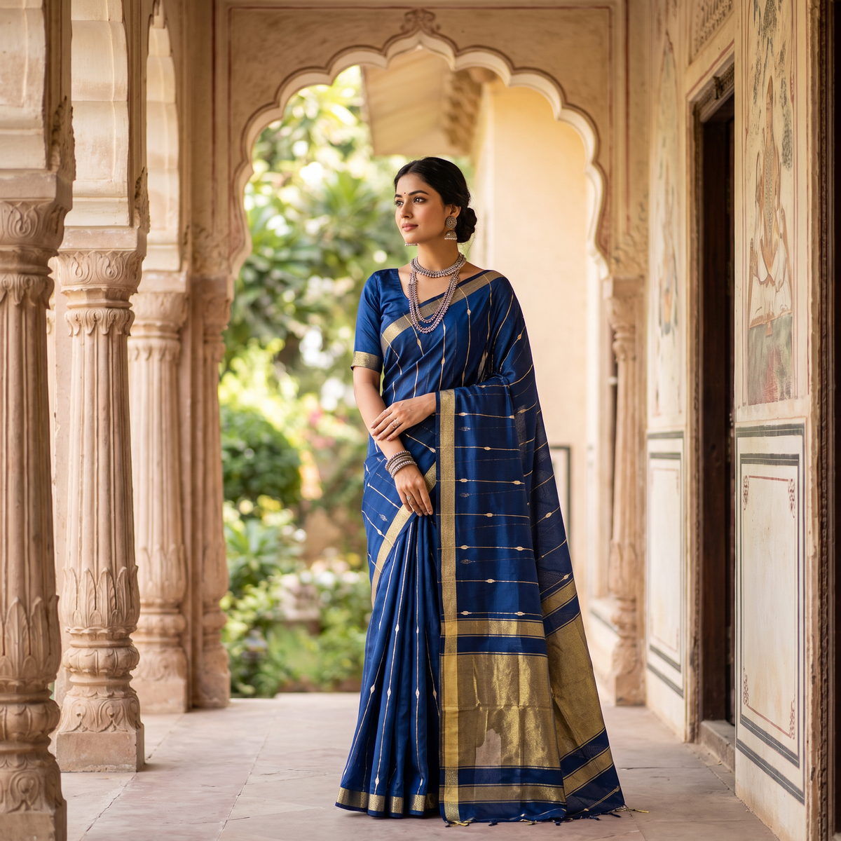 Women's Zari Maheshswari Cotton Blend Zari Woven Saree with Unstitched Blouse Piece.
