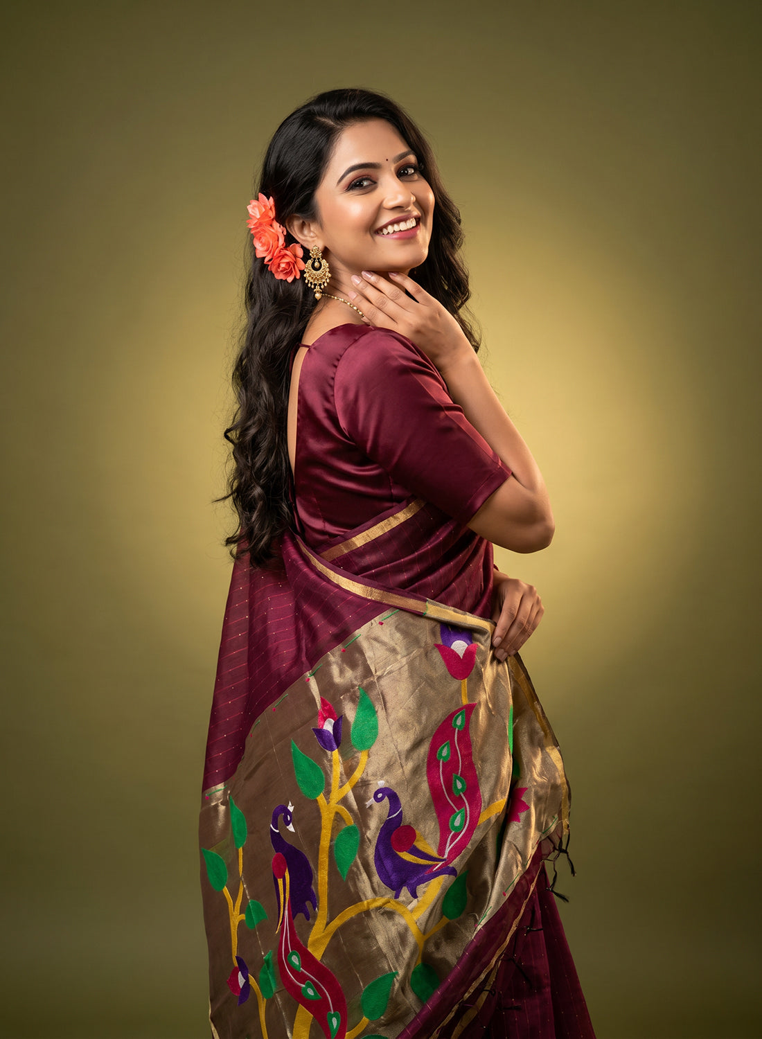 Women's Paithani Style Woven Linen Cotton Saree with Unstitched Blouse Piece.