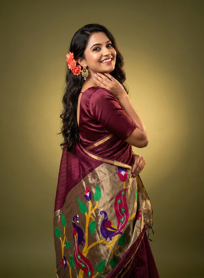 Women's Paithani Style Woven Linen Cotton Saree with Unstitched Blouse Piece.