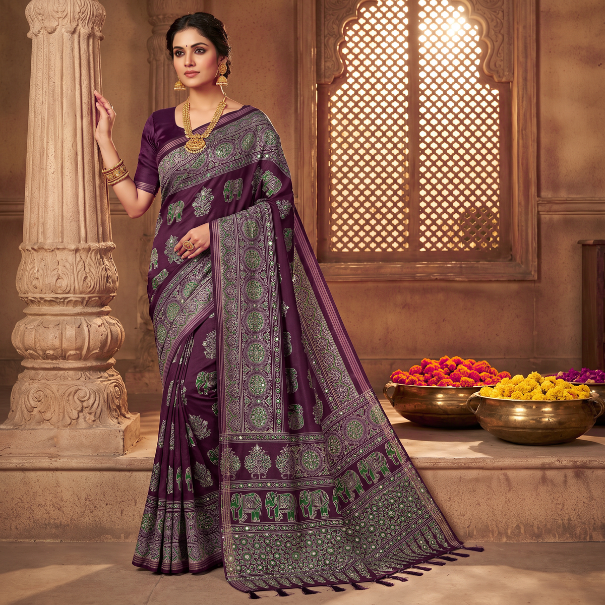 Shri Hari Sarees Women's Ethnic Ajrakh Mirror Printed Art Silk Saree with Unstitched Blouse Piece.