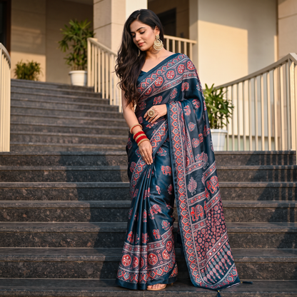 Shri Hari Sarees Women's Ethnic Ajrakh Mirror Printed Art Silk Saree with Unstitched Blouse Piece.