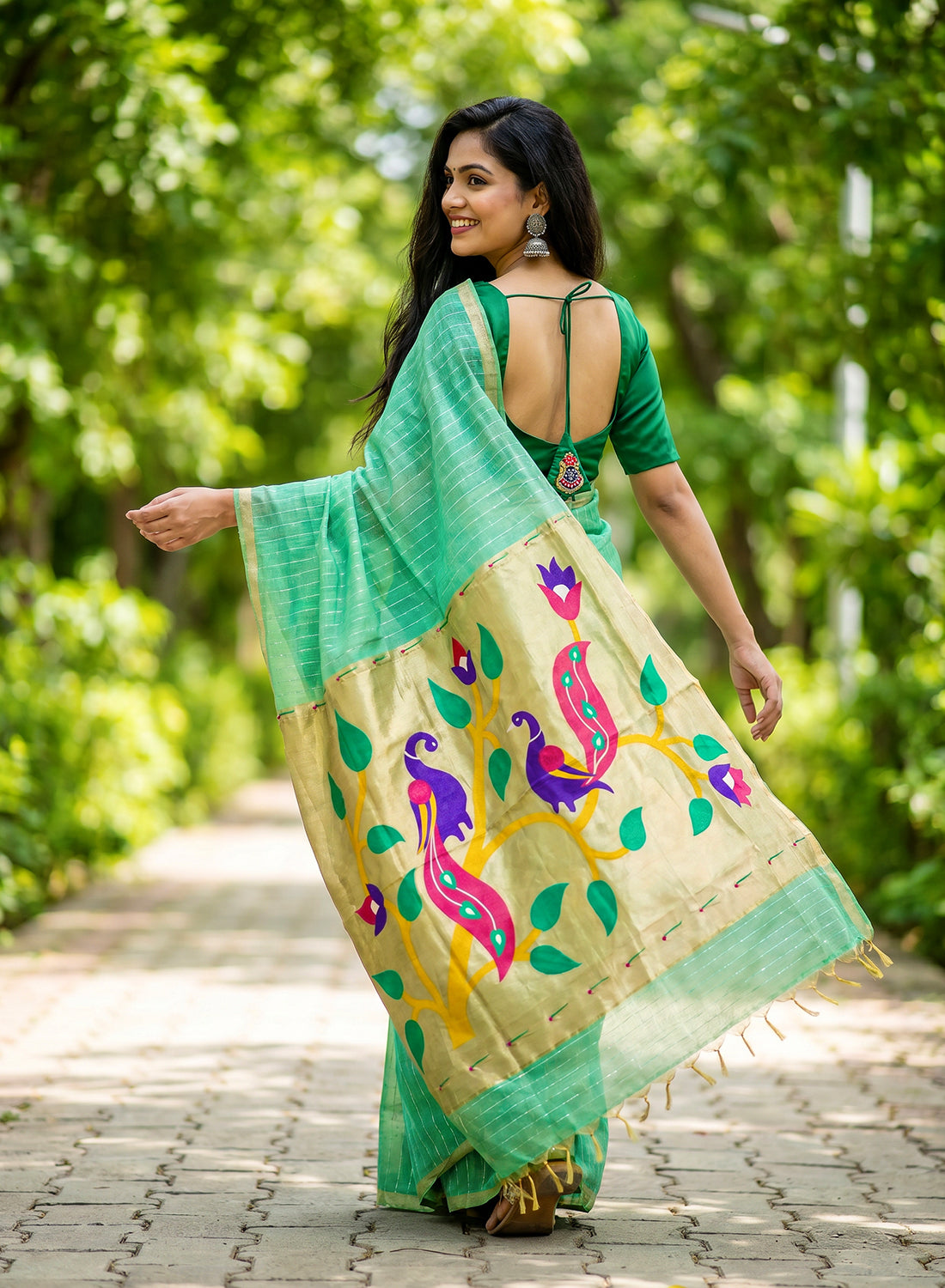Women's Paithani Style Woven Linen Cotton Saree with Unstitched Blouse Piece.
