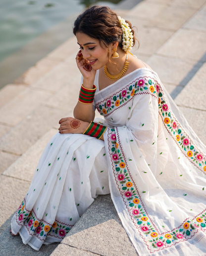 Women's Cotton Linen Blend Floral Printed Saree with Silver Zari Border & Unstitched Blouse Piece.