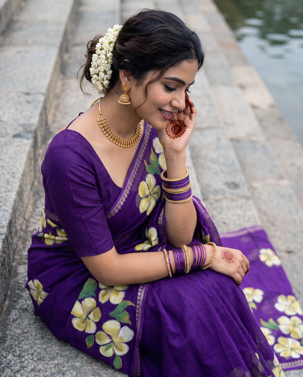 Women's Floral Hand Printed Dull Moss Saree with Unstitched Blouse Piece.