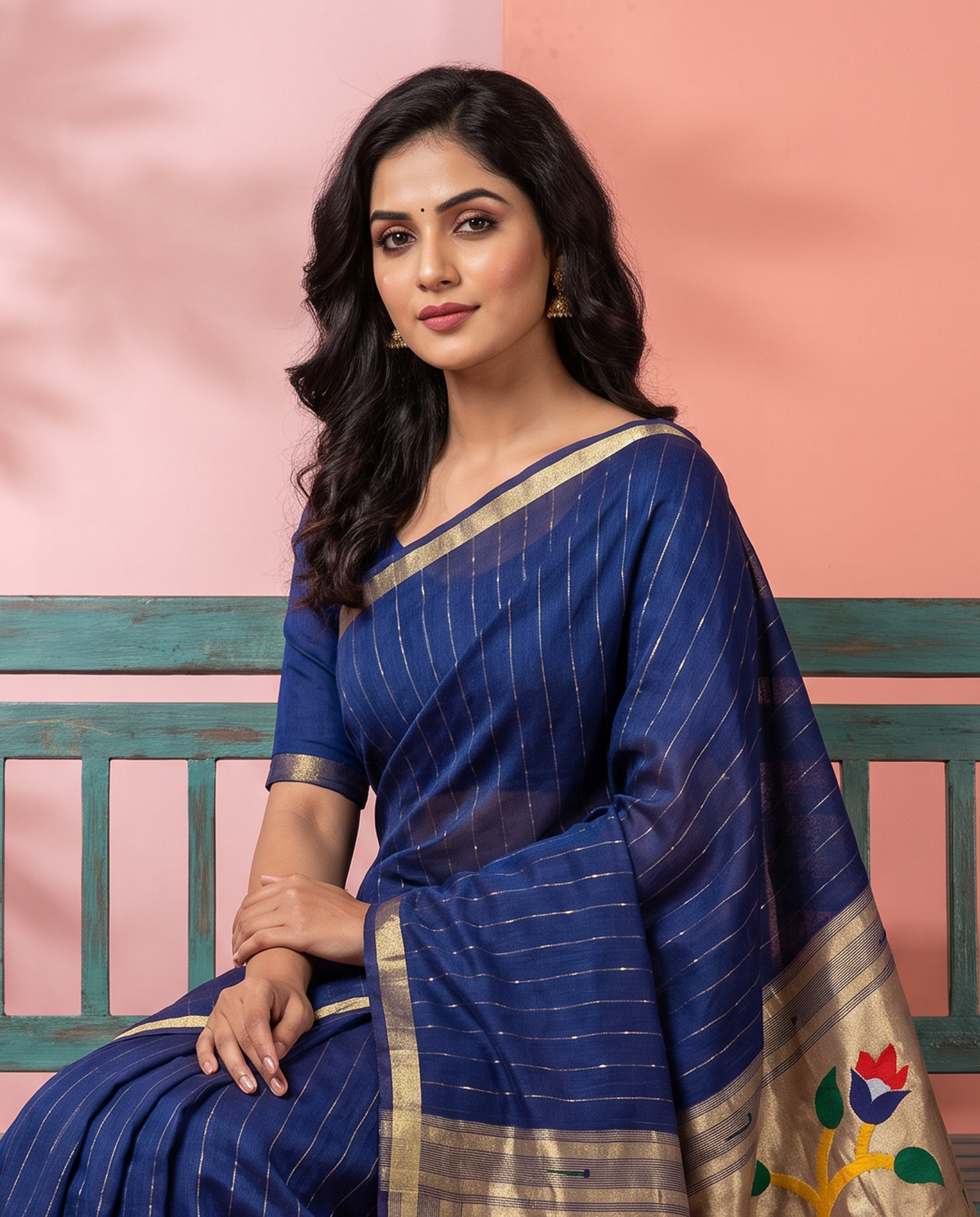 Women's Paithani Silk Blend Saree with Zari Woven Striped Lines and Peacock Floral Pallu including Unstitched Blouse Piece.