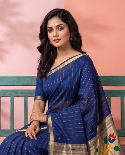 Women's Paithani Silk Blend Saree with Zari Woven Striped Lines and Peacock Floral Pallu including Unstitched Blouse Piece.