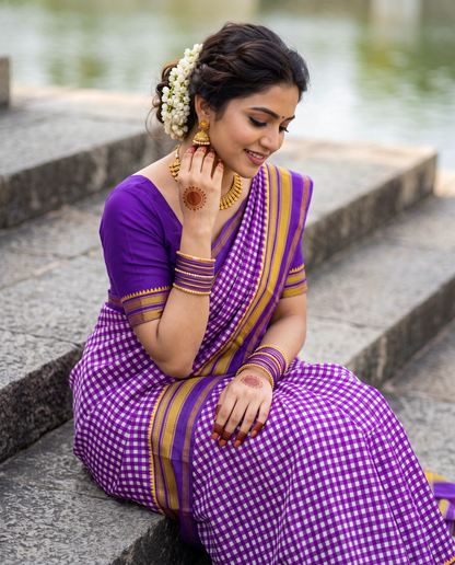 Women's Synthetic Silk Blend Checked Saree with Contrast Border & Unstitched Blouse Piece.