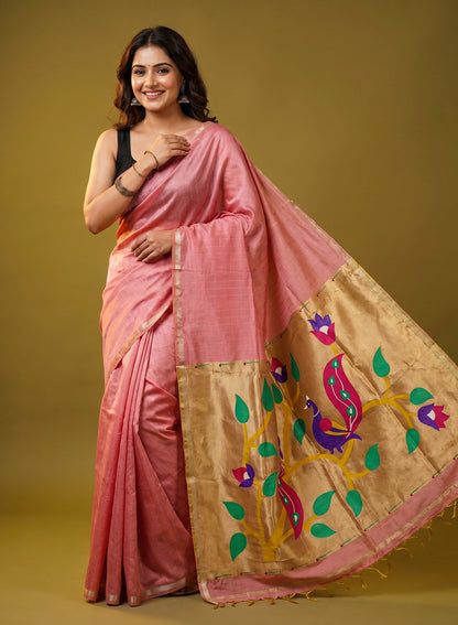 Women's Paithani Style Woven Linen Cotton Saree with Unstitched Blouse Piece.