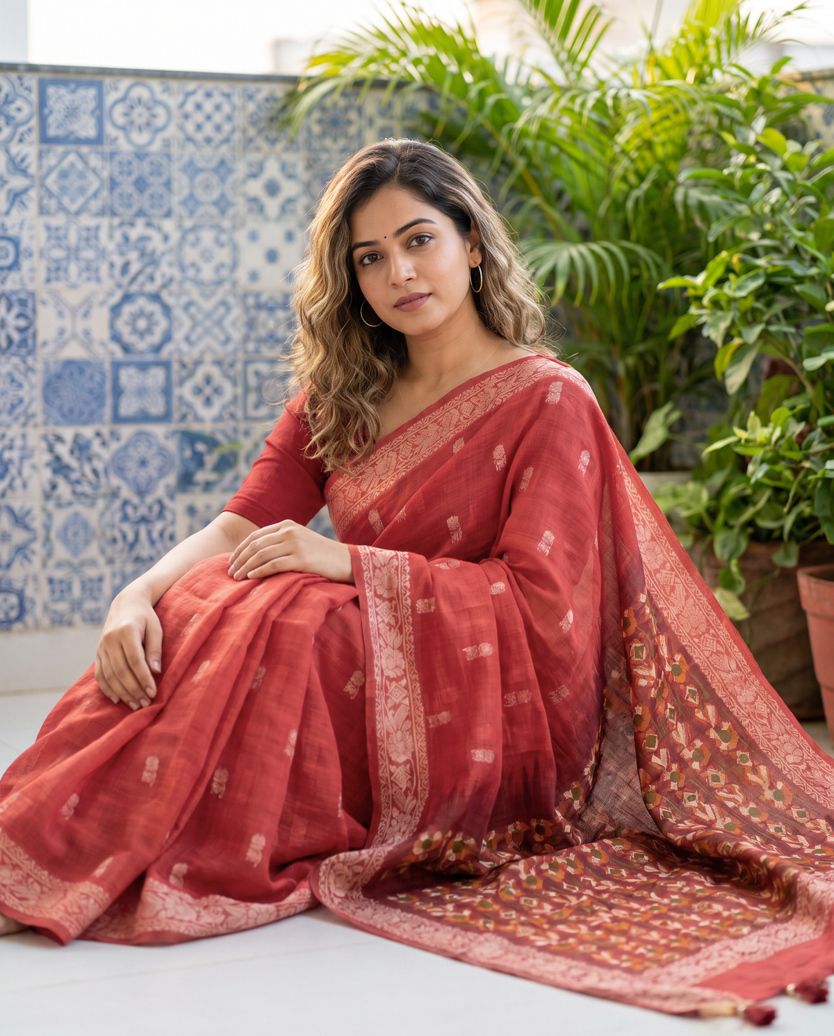 Women's Woven Design Linen Cotton Blend Saree with Unstitched Blouse Piece.